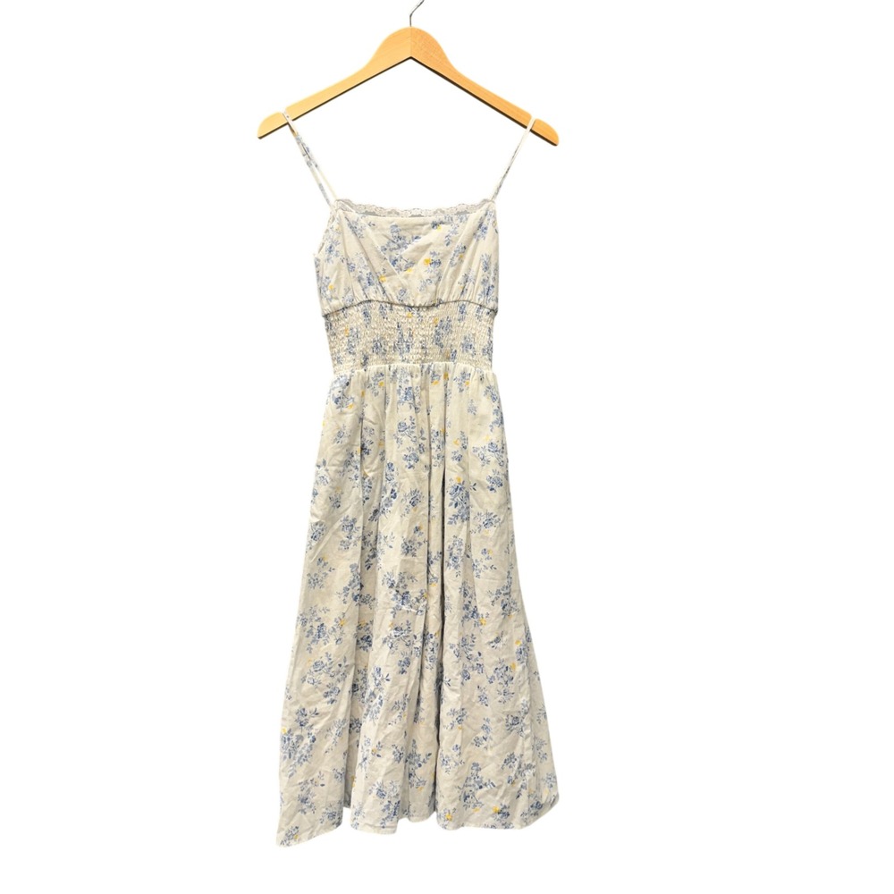 LPA Eloisa Dress Womens XS Floral Smocked Blue White Linen Blend + Pockets